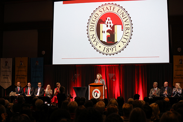 SDSU President Adela de la Torre speaks during the All-University Convocation