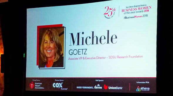 San Diego State Universitys Michele Goetz has been honored by the San Diego Business Journal as a 2018 Business Woman of the Year.