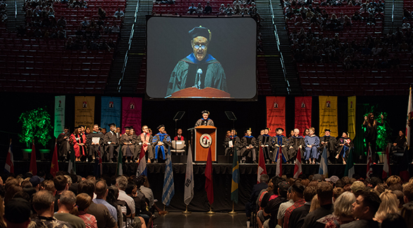 Randy Timm, dean of students and assistant vice president for Student Affairs at the 2018 New Student and Family Convocation.