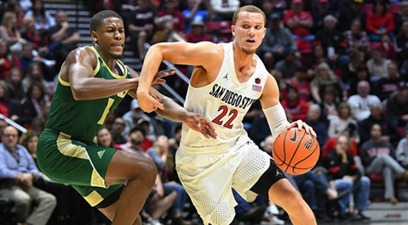 SDSU guard Malachi Flynn drives past a defender during the Aztecs' 73-57 win over Cal Poly on Dec. 28. (Photo Credit: GoAztecs.com)