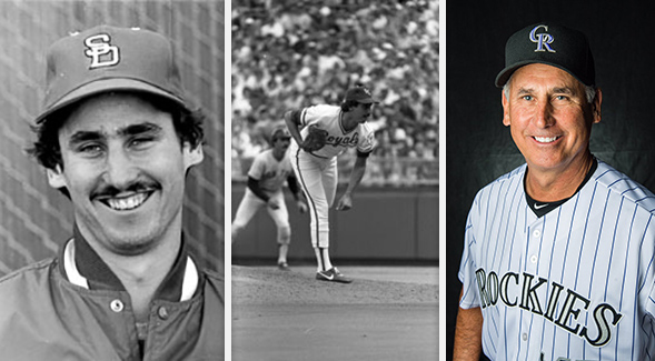 From left to right: Bud Black at SDSU; Black pitching for the Kansas City Royals; and Black as manager of the Colorado Rockies (Photo credit: SDSU Athletics, Kansas City Royals, Colorado Rockies)