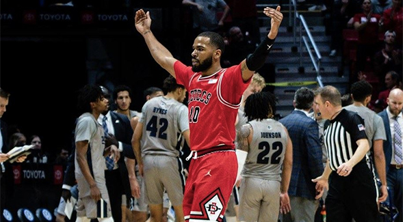 SDSU guard KJ Feagin pumps up the crowd at Viejas Arena during SDSU's 68-55 win over Nevada on Jan. 18. (Photo: GoAztecs.com)