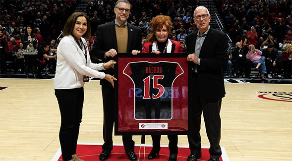 From left to right: SDSU President Adela de la Torre, SDSU Athletic Director John David Wicker, Mrs. Dianne L. Bashor, Steve Fisher