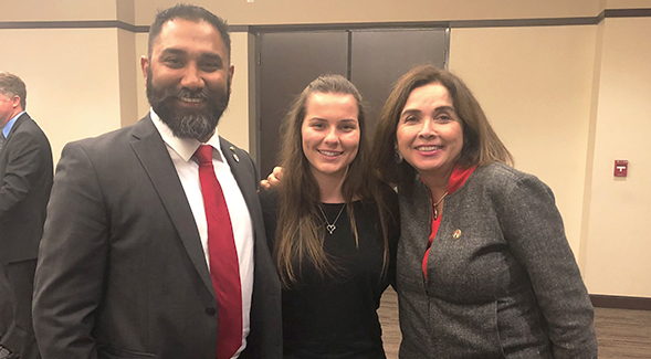 Katie Dillon (center) with her mentor and clinical neuroscientist Harsimran Baweja (left) and SDSU President Adela de la Torre at a Campanile Foundation event during the 2019-2020 academic year.