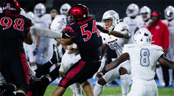 SDSU junior linebacker Caden McDonald (#54) is one of five Aztecs to earn All-MW first team honors in 2020.