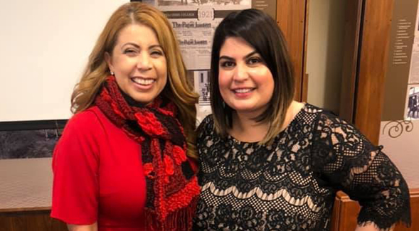 Alumna Martha Garcia ('99, on the left), the first Latina superintendent and president of Imperial Valley College, with SDSU doctoral candidate Hossna Sadat Ahadi at commencement 2019.