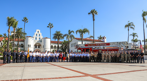 Military representatives, first responders and SDSU President Adela de la Torre gathered for a 9/11 memorial.
