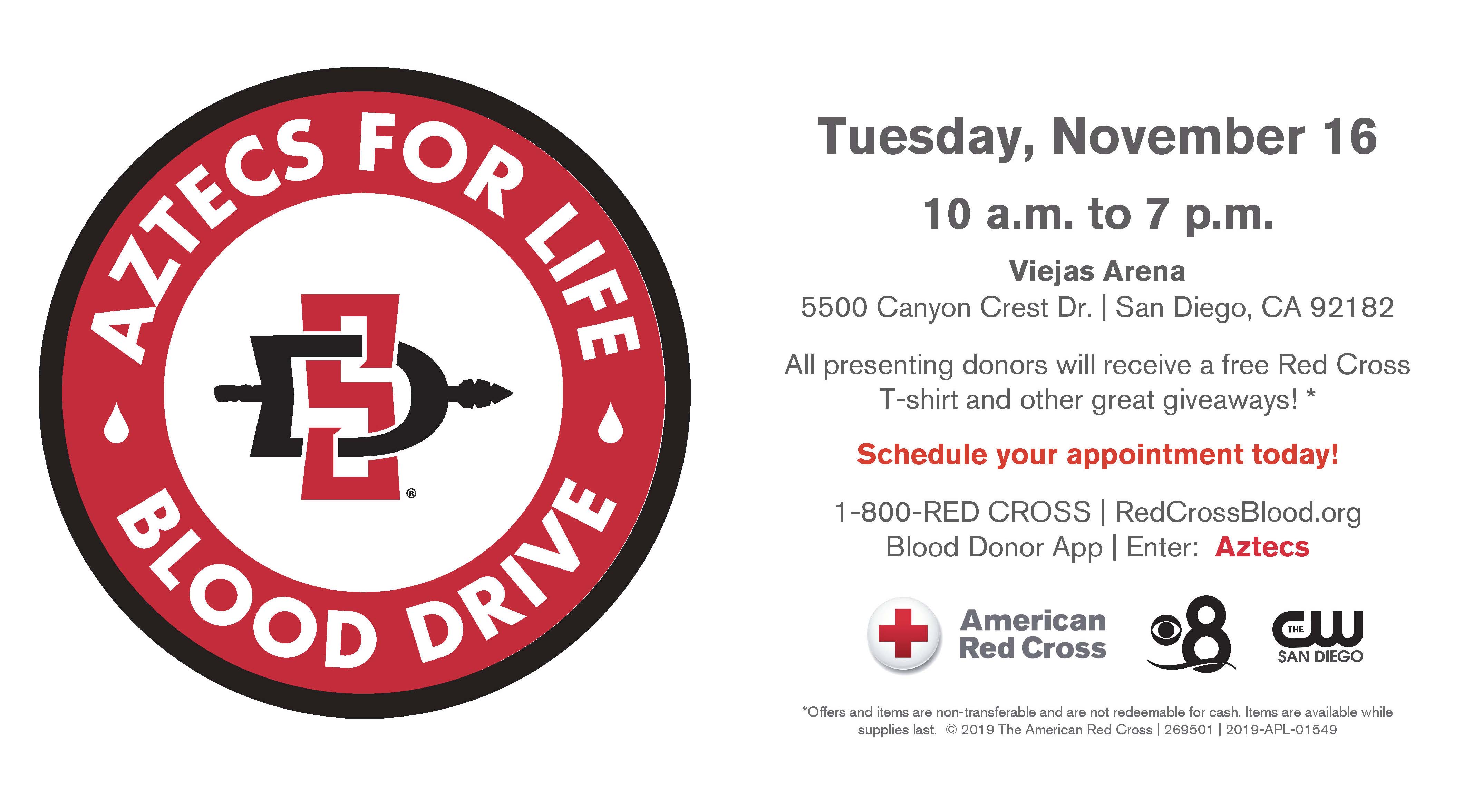 The Aztecs for Life Blood Drive is Nov. 16 at Viejas Arena. Pictured above, additional information on how to schedule an appointment.