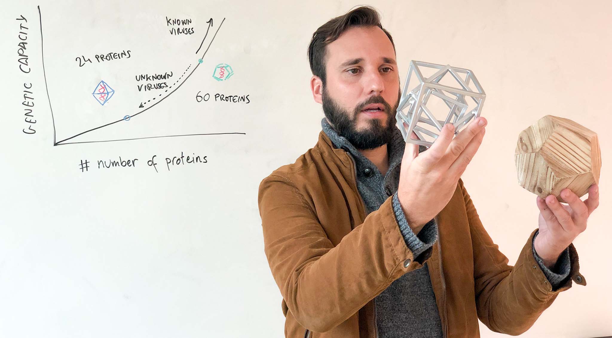 An interdisciplinary research team is probing the origins of viruses. Above, Antoni Luque holds models of two viral capsids.