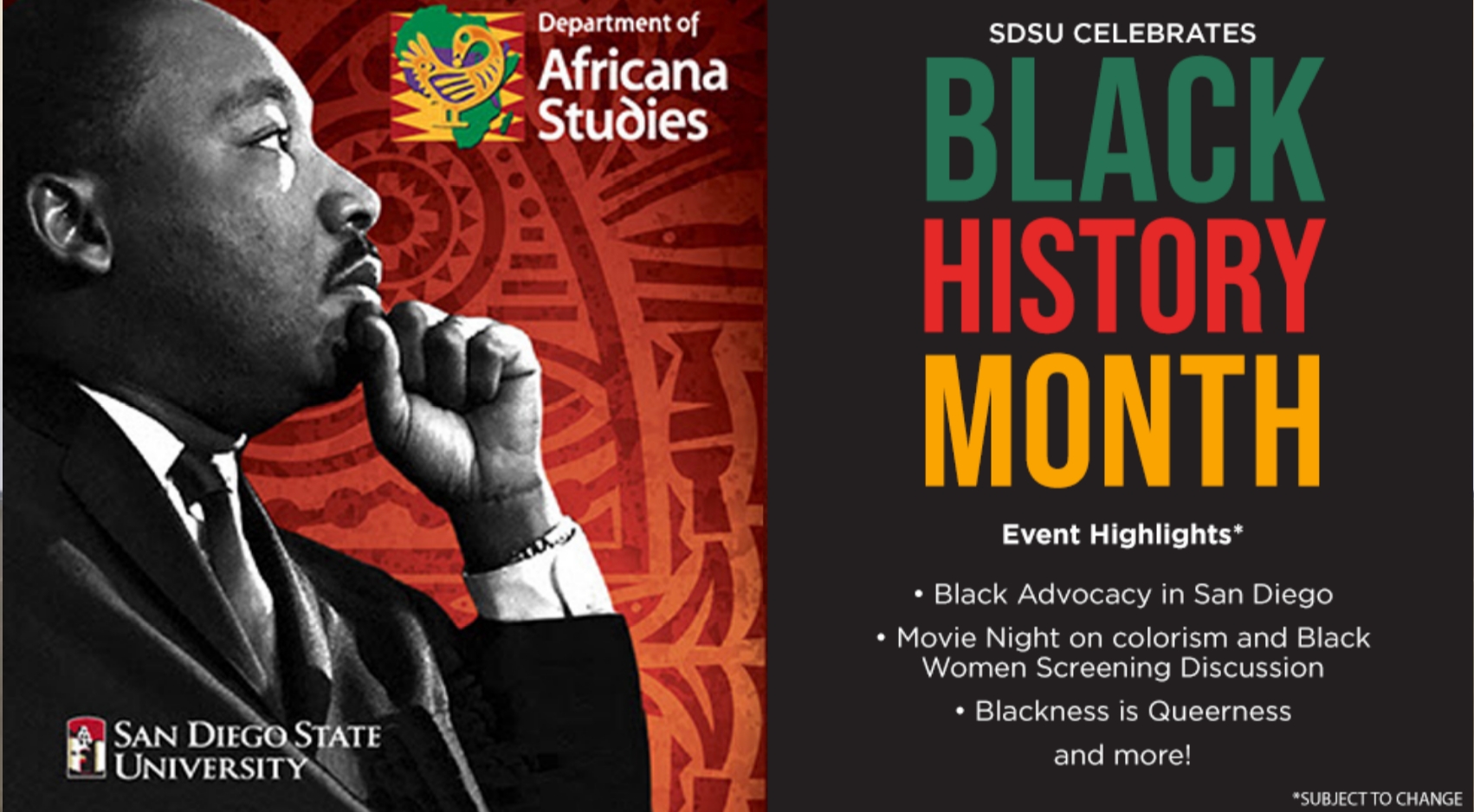 SDSU Black History Month celebrations announcement featuring a photo Dr. Martin Luther King Jr.