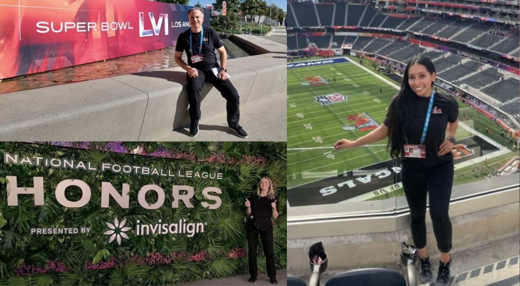 Jim Wilkie (top left) Laurel Smith (bottom left) and Angelica Gamez (right) are photographed during Super Bowl LVI at SoFi Stadium in Los Angeles.
