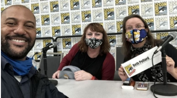 At Comic-Con Special Edition, 2021, Ajani Brown, course designer of Super Black - The Politics of Representation in Comics, takes a selfie with panelists Pam Jackson, and Beth Pollard.