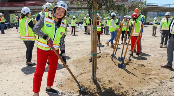 SDSU President Adela de la Torre (left) participates in the SDSU Mission Valley river park groundbreaking, April 20, 2022.