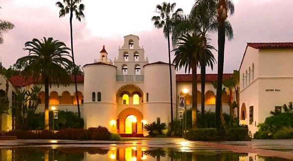 A puddle reflects SDSU's Hepner Hall.