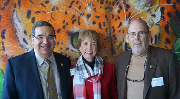 (From left) SDSU Provost Hector Ochoa and alumni Cathy Stiefel and J. Keith Behner attended an April 27 reception at the College of Arts and Letters.