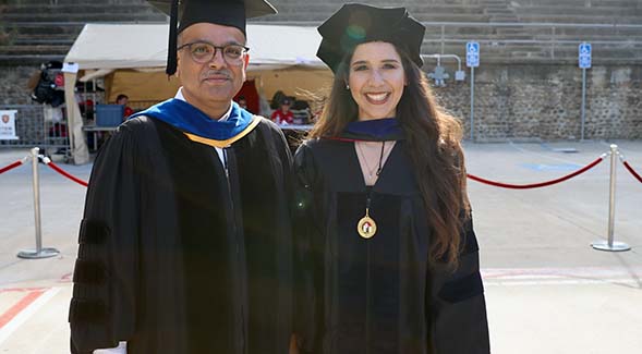 Paulina Daz-Montiel (right) at May 2022 Commencement with her mentor, aerospace engineering professor Satchi Venkataraman. (Photo: Melinda Sevilla)