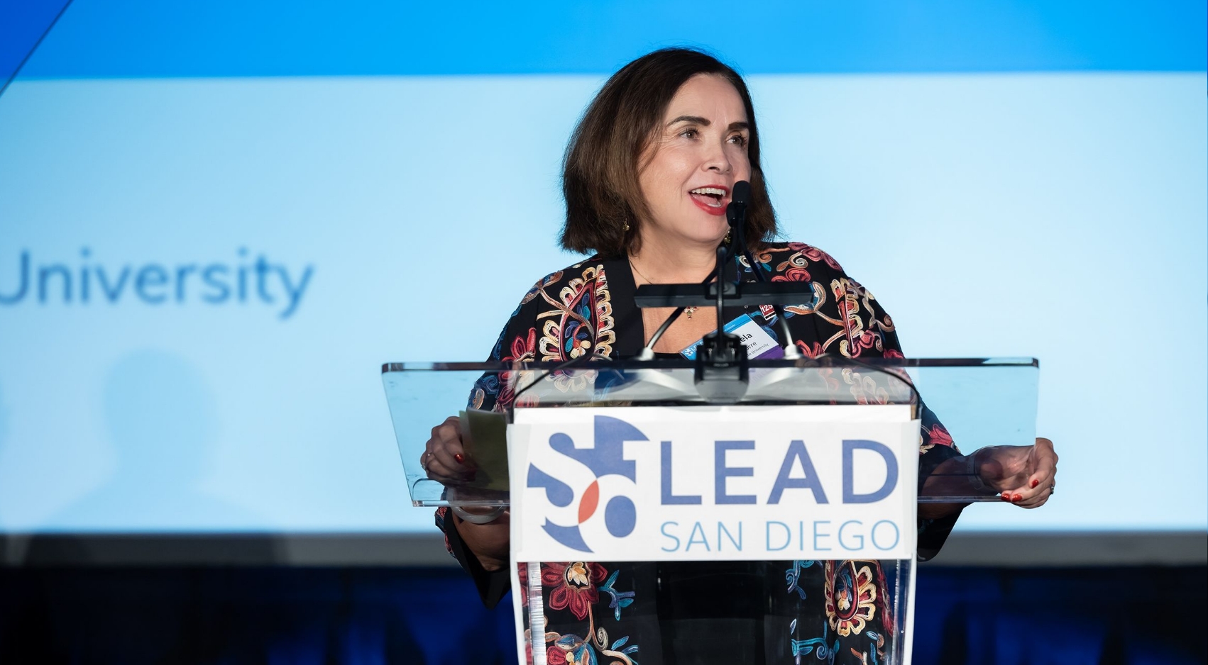 SDSU President Adela de la Torre gives a speech after receiving the 2022 LEAD San Diego Visionary Award for Innovation &amp; Economic Opportunity on Wednesday, Sept. 14, 2022. (Courtesy LEAD San Diego)