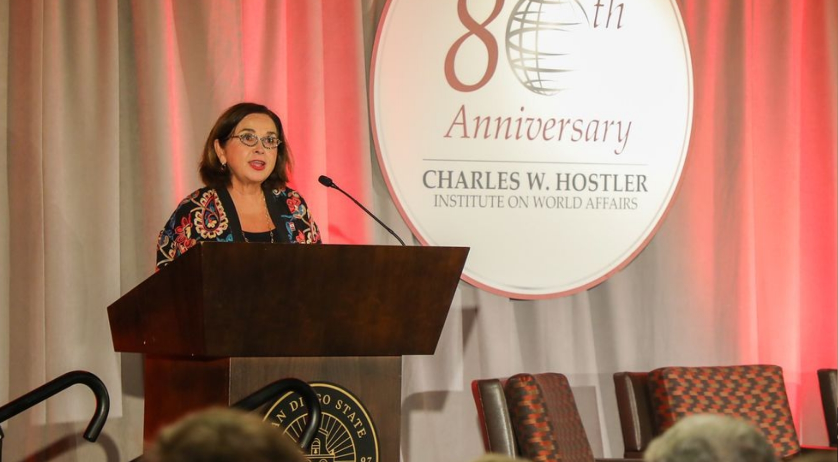 SDSU President Adela de la Torre speaks during festivities celebrating the 80th anniversary of the Charles W. Hostler Institute on World Affairs. (SDSU)