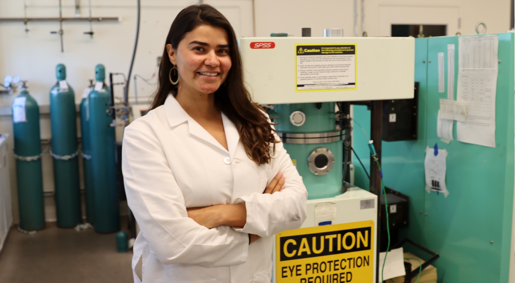 Maricruz Carrillo poses in the Powder Technology Lab she conducts research at SDSU. (Melinda Sevilla/SDSU)