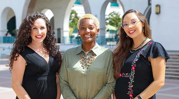 (From left) Ashley Kruger, Tonika Green and Jennica Paz, outside the entrance to SDSU's Lee &amp; Frank Goldberg Courtyard.