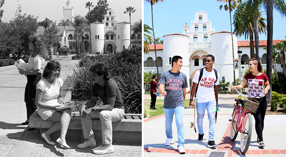 Two images of SDSU's Hepner Hall, from the 1980s (left) and 2022.