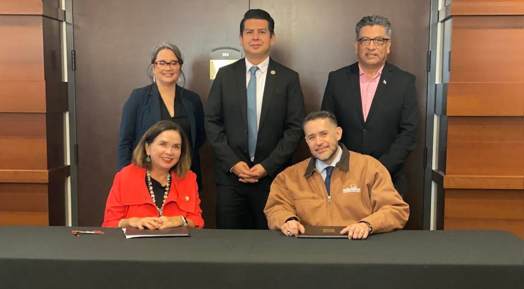 Top row (from left): Zaneta Encarnacion, David Alvarez and Nick Segura. Bottom: SDSU President Adela de la Torre and SUHSD Superintendent Moises Aguirre.