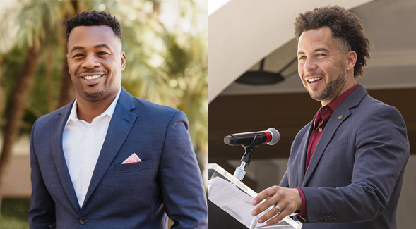 Frank Harris III (left), professor in postsecondary educational leadership and interim associate dean for diversity, equity and inclusion, and J. Luke Wood, Deans Distinguished Professor of Education