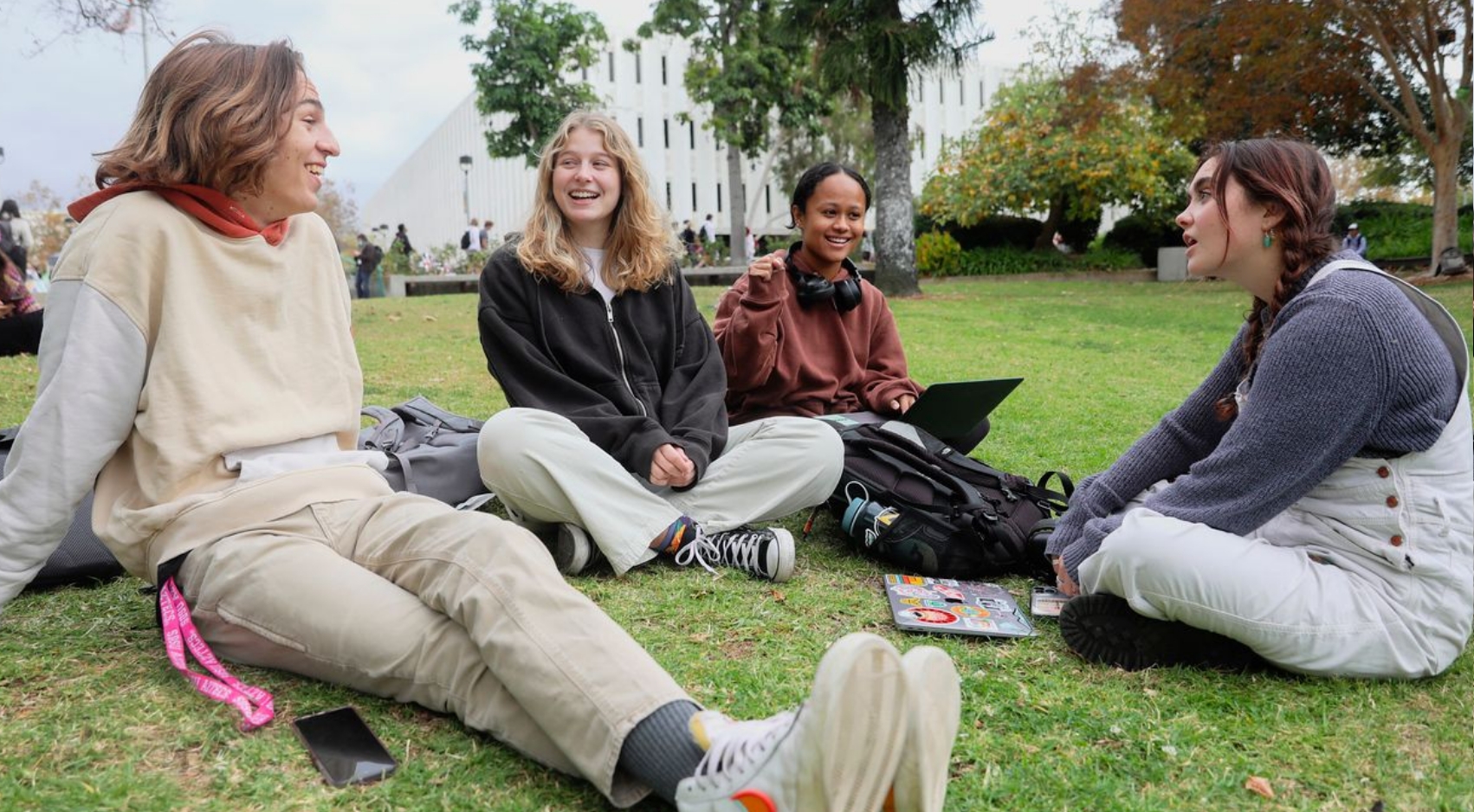 Students take break between classes along SDSU's Campanile Mall. (SDSU)