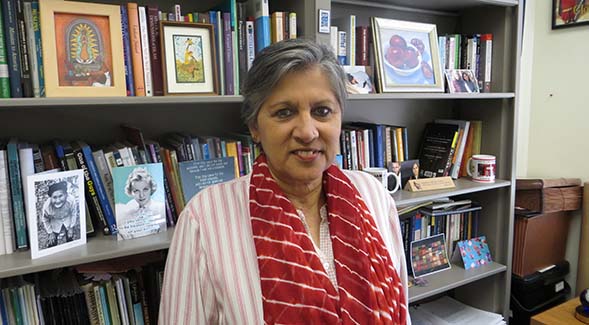 Huma Ahmed-Ghosh, professor emerita in womens studies, shown above in her office in a 2019 photo.