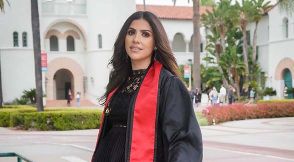 Rojina Tobya posed on campus in May 2022 for her liberal studies graduation photo.