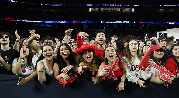 SDSU Basketball fans at Final Four game in Houston, TX.