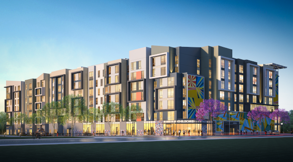 Rendering showing the first affordable housing project at SDSU Mission Valley. Chelsea Investment Corporation will deliver 182 units in a first phase. (SDSU)
