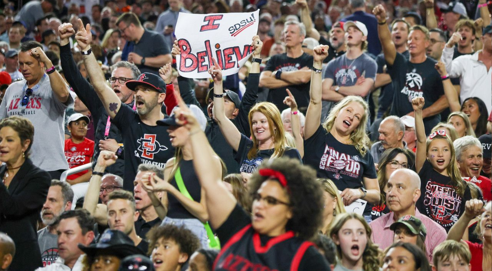 Fans cheer on SDSU during their Final Four game against FAU at NRG Stadium in Houston, Texas, Saturday, April 1, 2023. (SDSU)