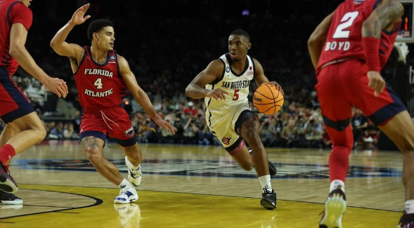 SDSU guard Lamont Butler handles the ball against FAU during their Final Four matchup at NRG Stadium in Houston, Texas. (SDSU)