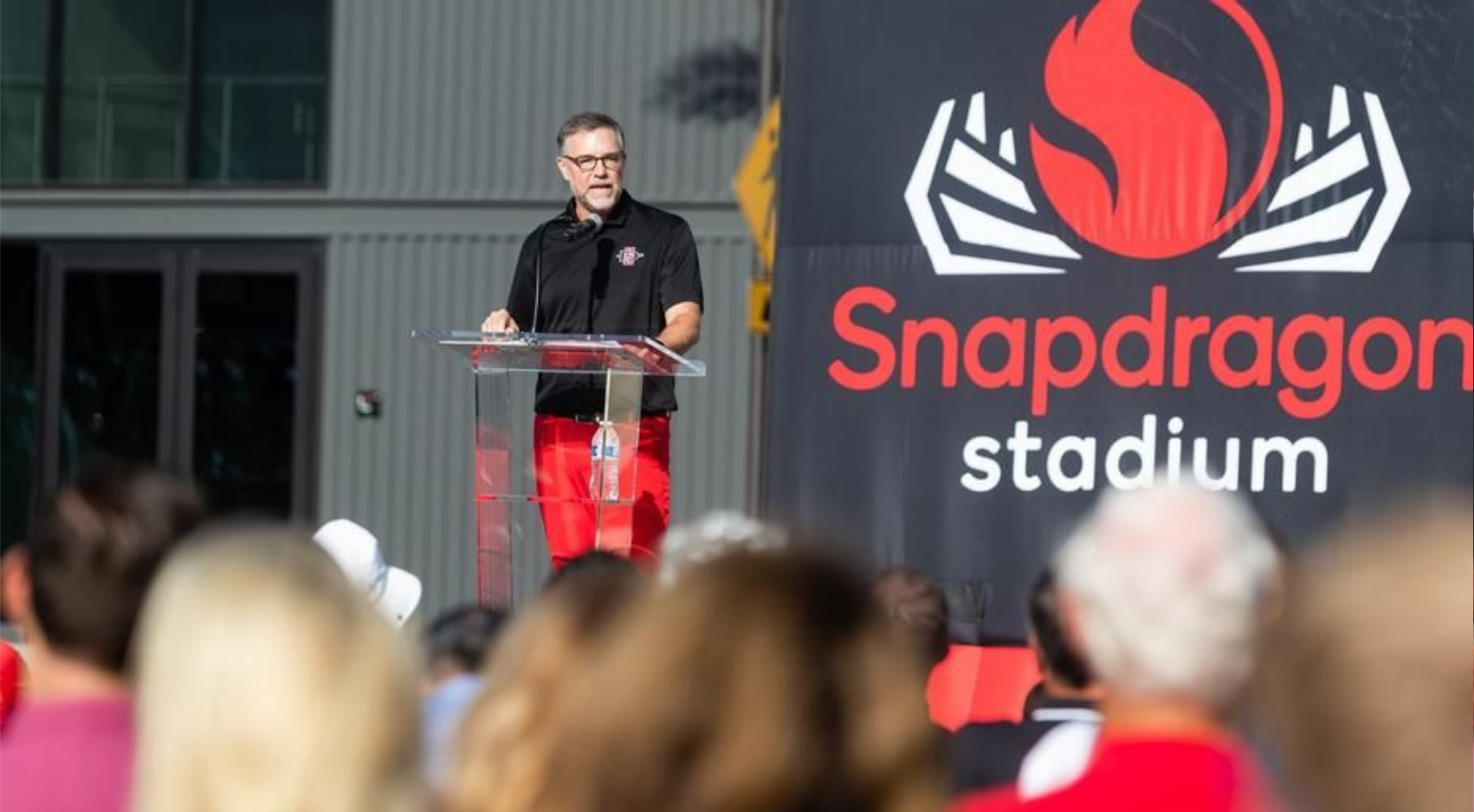 JD Wicker, SDSU director of athletics, speaks during Snapdragon Stadium's grand opening. (SDSU)