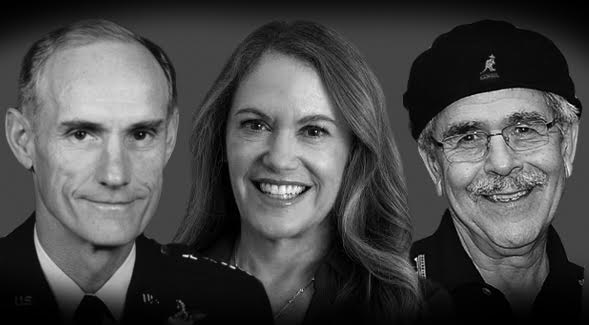 SDSU will award honorary degrees to Gen. Merrill Anthony McPeak (left), Peggy L. Johnson, and Jos Padilla. (SDSU Photo Illustration)