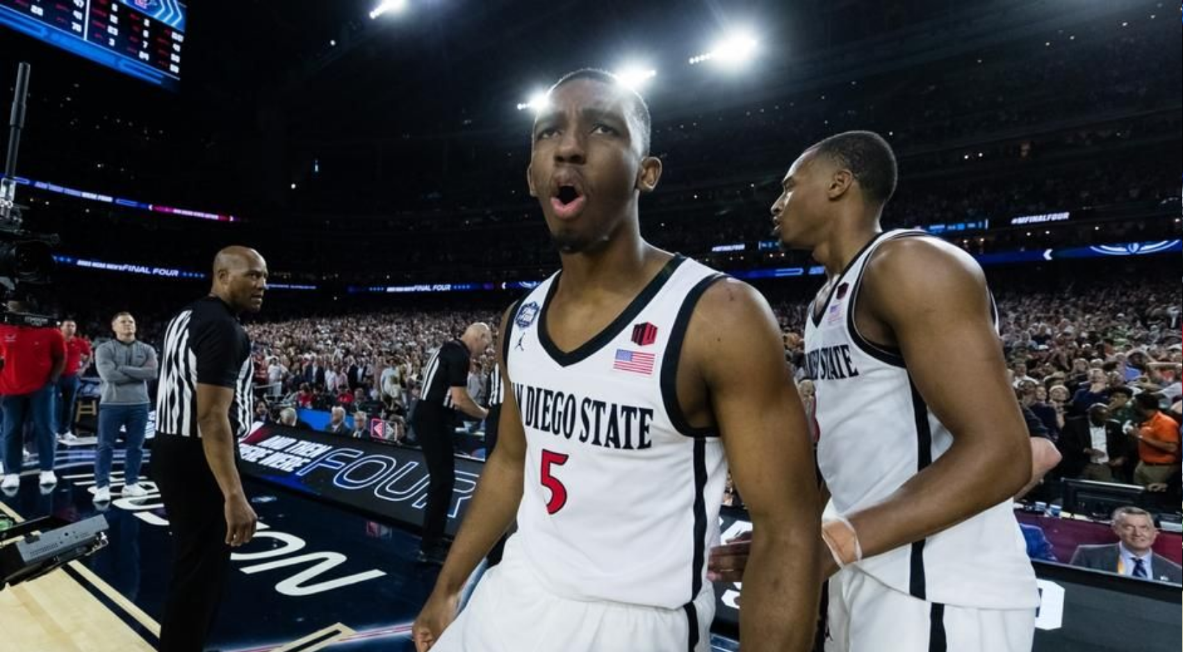 Lamont Butler celebrates SDSU's win over FAU in the 2023 NCAA Final Four. (SDSU)