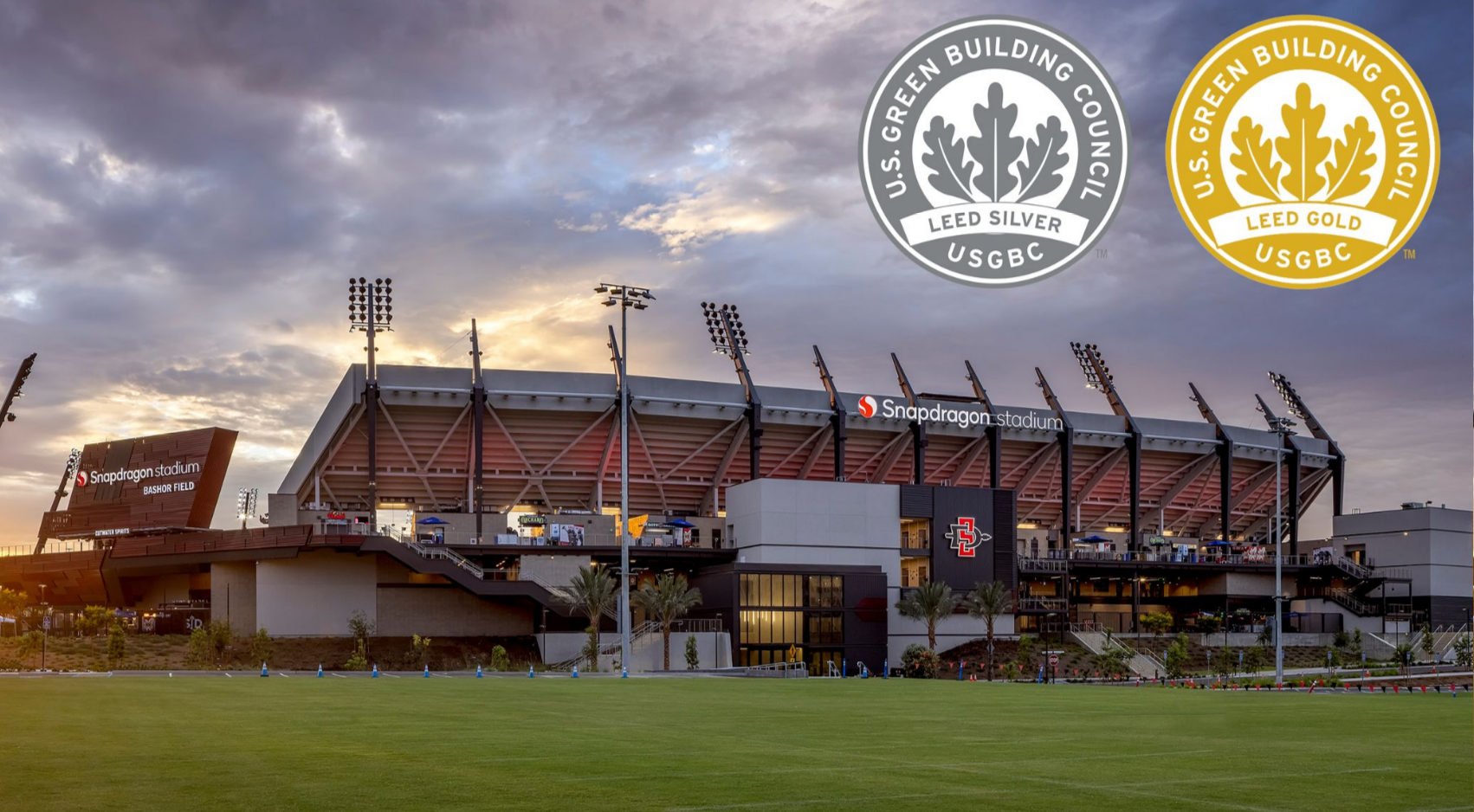 Snapdragon Stadium (pictured) and SDSU Mission Valley were awarded Leadership in Energy and Environmental Design (LEED) certifications. (Image courtesy of Oak View Group)