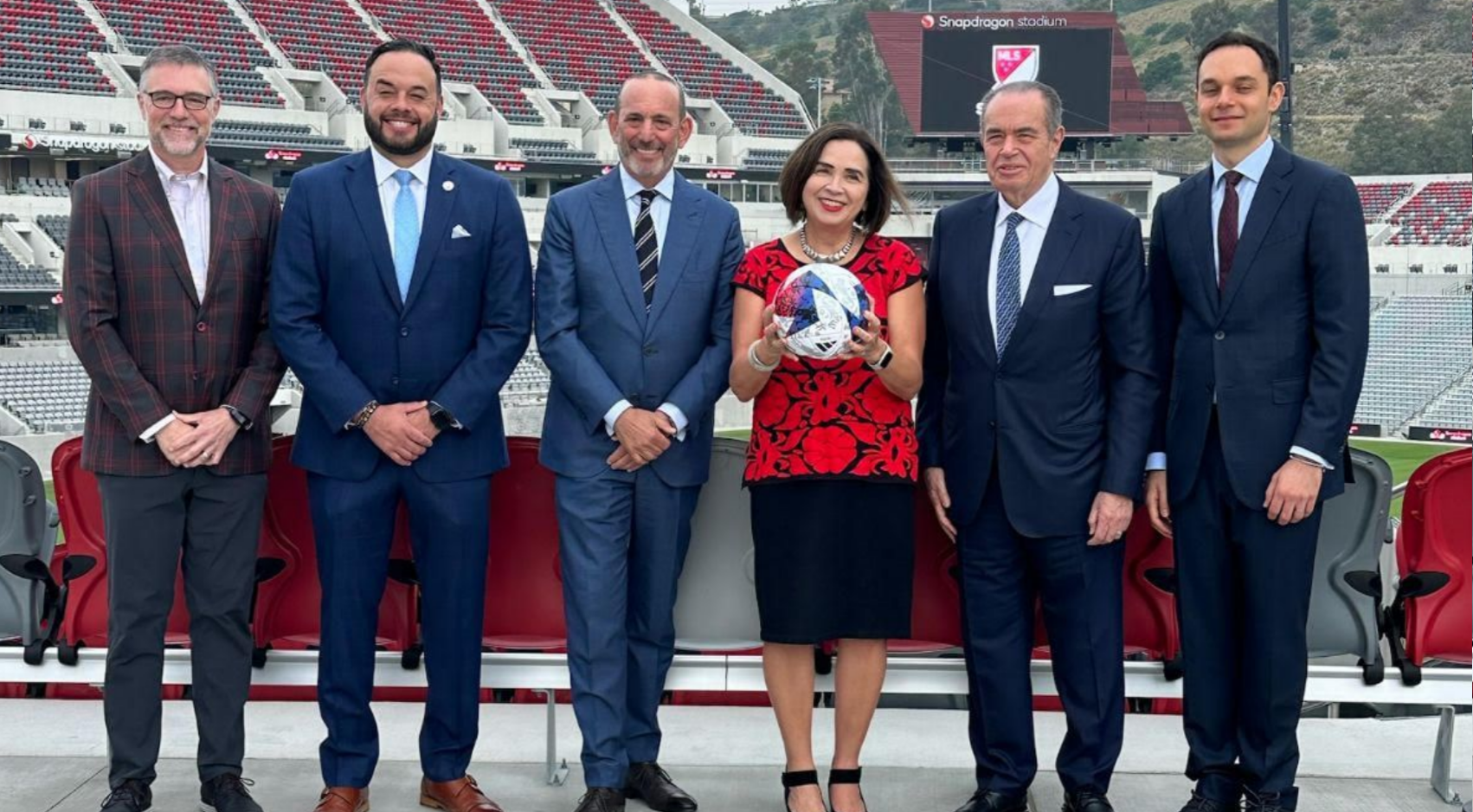 SDSU President Adela de la Torre (center) and JD Wicker (far left) joined in the historic announcement Thursday, May 18, 2023 at Snapdragon Stadium. (SDSU Photo)