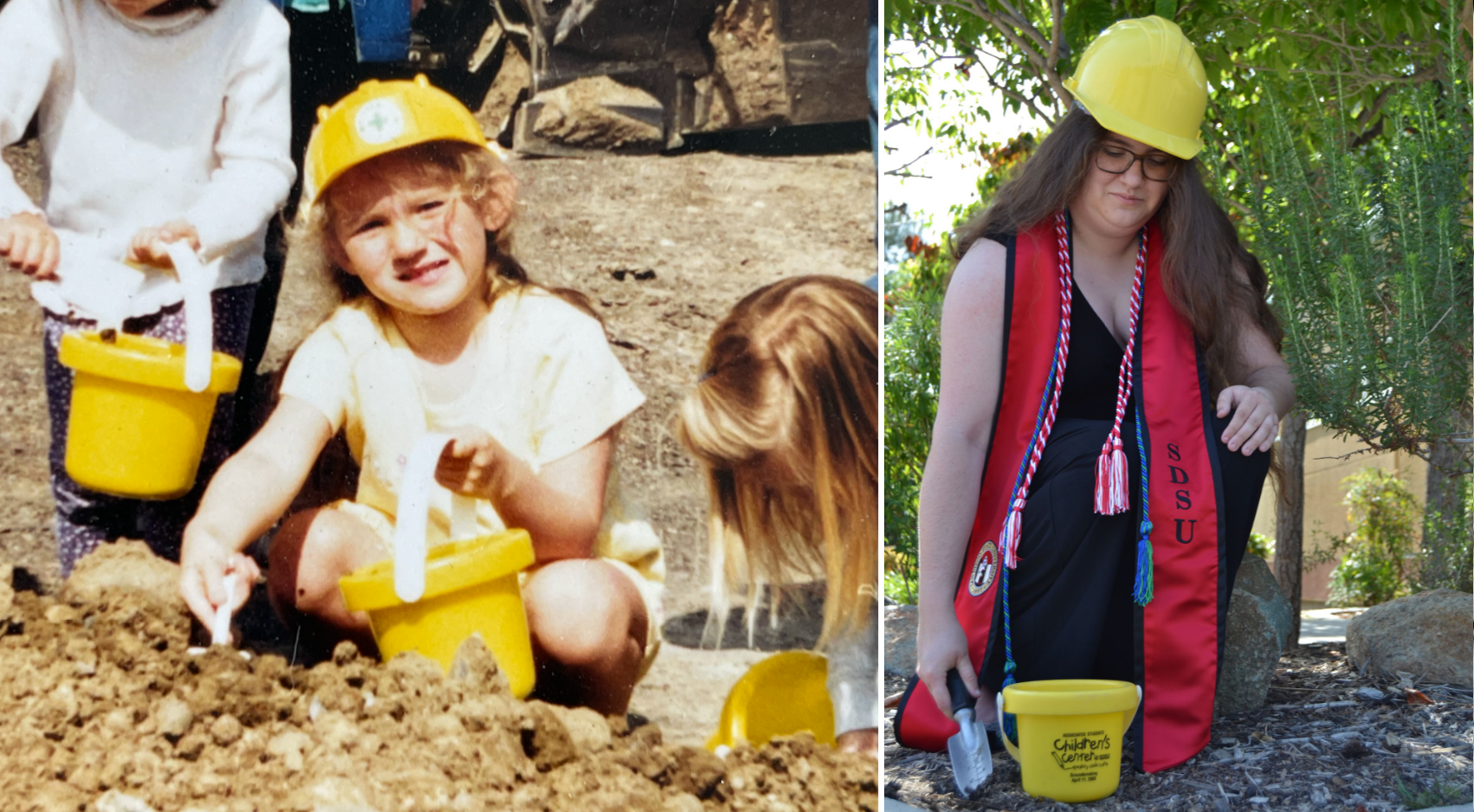 Abby Castro as a child at the groundbreaking for the relocated Children's Center and later recreating the photo as part of her undergraduate graduation photos. (Courtesy photos)