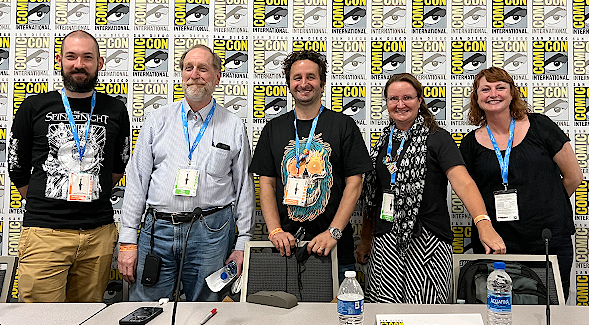 (L-R): Jordan Smith, Mike Catron (Fantagraphics), Frank Forte (filmmaker), Beth Pollard and Pam Jackson at Raising the Dead: Horror Comics and the Comics Code. (Brad Kirkegaard)