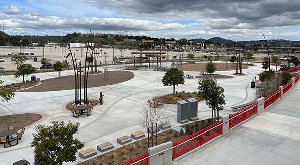 A view of the newly redeveloped plaza at the San Diego Trolley Stadium station in SDSU Mission Valley.