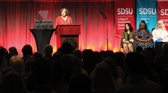 SDSU President Adela de la Torre speaks during the 2023 All-University Convocation at Montezuma Hall. (SDSU)