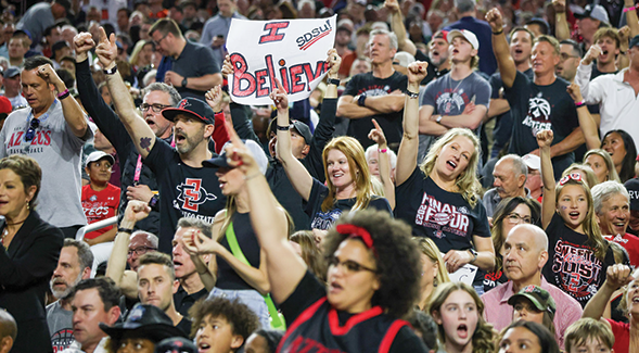 SDSU Aztecs fans cheer in the stands during the men's 2023 Final Four game. (SDSU)