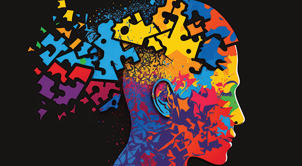 An illustration of a head that comprises multi-colored pieces, with some pieces falling away. (Adobe Stock)
