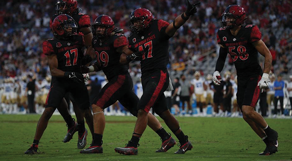 SDSU Aztecs football players celebrate during their game vs. UCLA at Snapdragon Stadium, Sept. 9, 2023. (SDSU)