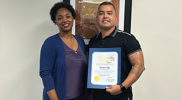 79th District Assemblymember Akilah Weber (left) honors SDSU student Gustavo Tavo Vega as 2023 Latino Heritage Month Community Leader. (Courtesy of Gustavo Tavo Vega)