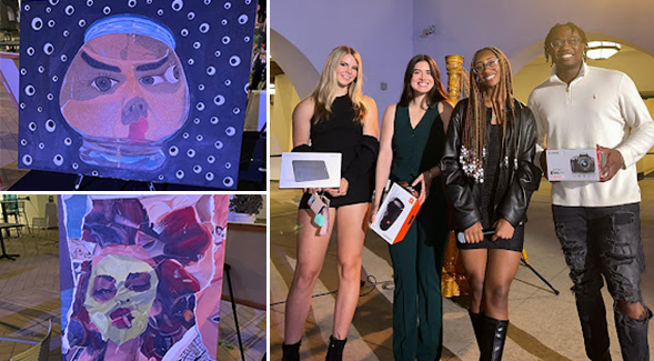 (Group photo from left) Kat Whitney, Taylor Fuglseth, Acacia Sellars and Sincere Robinson during SDSU Aztec Student Union Boards first-ever Golden Galleria, Oct. 12, 2023. (Rodney Manford/SDSU)