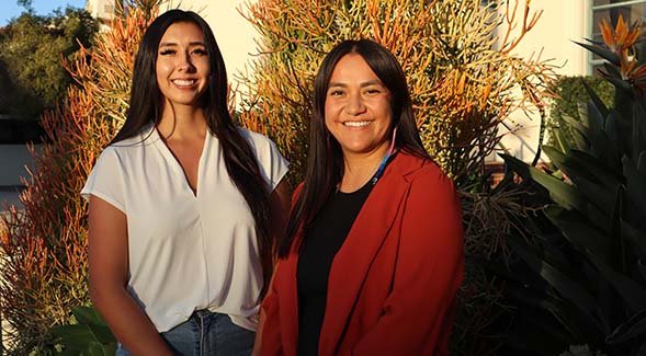 (From left) Starr GreenSky and Bryanna Kinlicheene, who worked to uphold the Indian Child Welfare, stood outside the SDSU Administration building. (Photo: Sarah Wilkins)