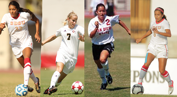 (From left) Haley Palmer, Alexis Solovij, Kim Castellanos and Megan Jurado were named to the Mountain West 25th Season Team. (SDSU)